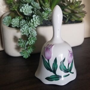 Hand Painted Raised 3D Purple‎ Tulip Flowers Floral Porcelain Bell 5" Tall
